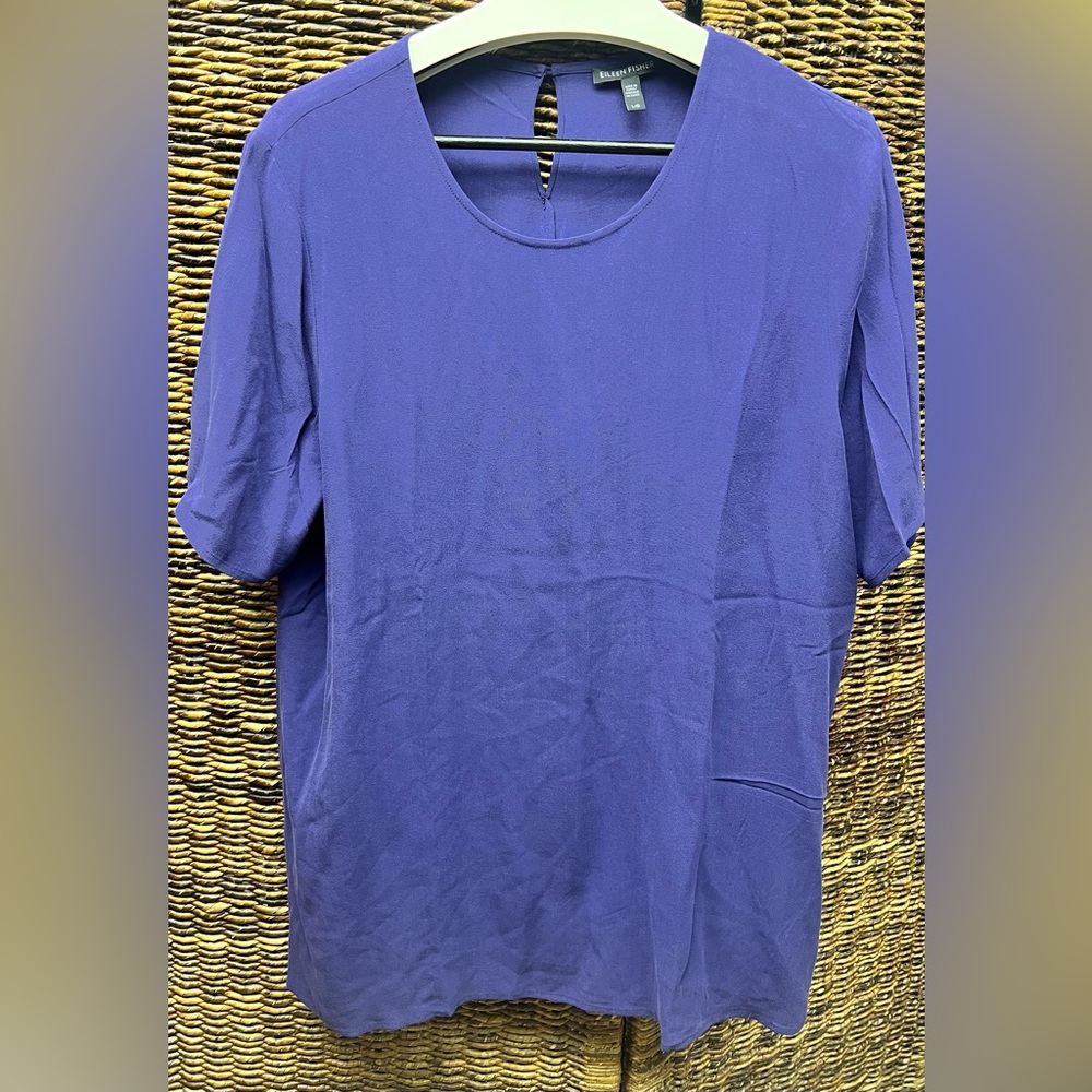 Eileen Fisher- Womens Vibrant Purple Short Sleeve Silk Blouse,‎ Large